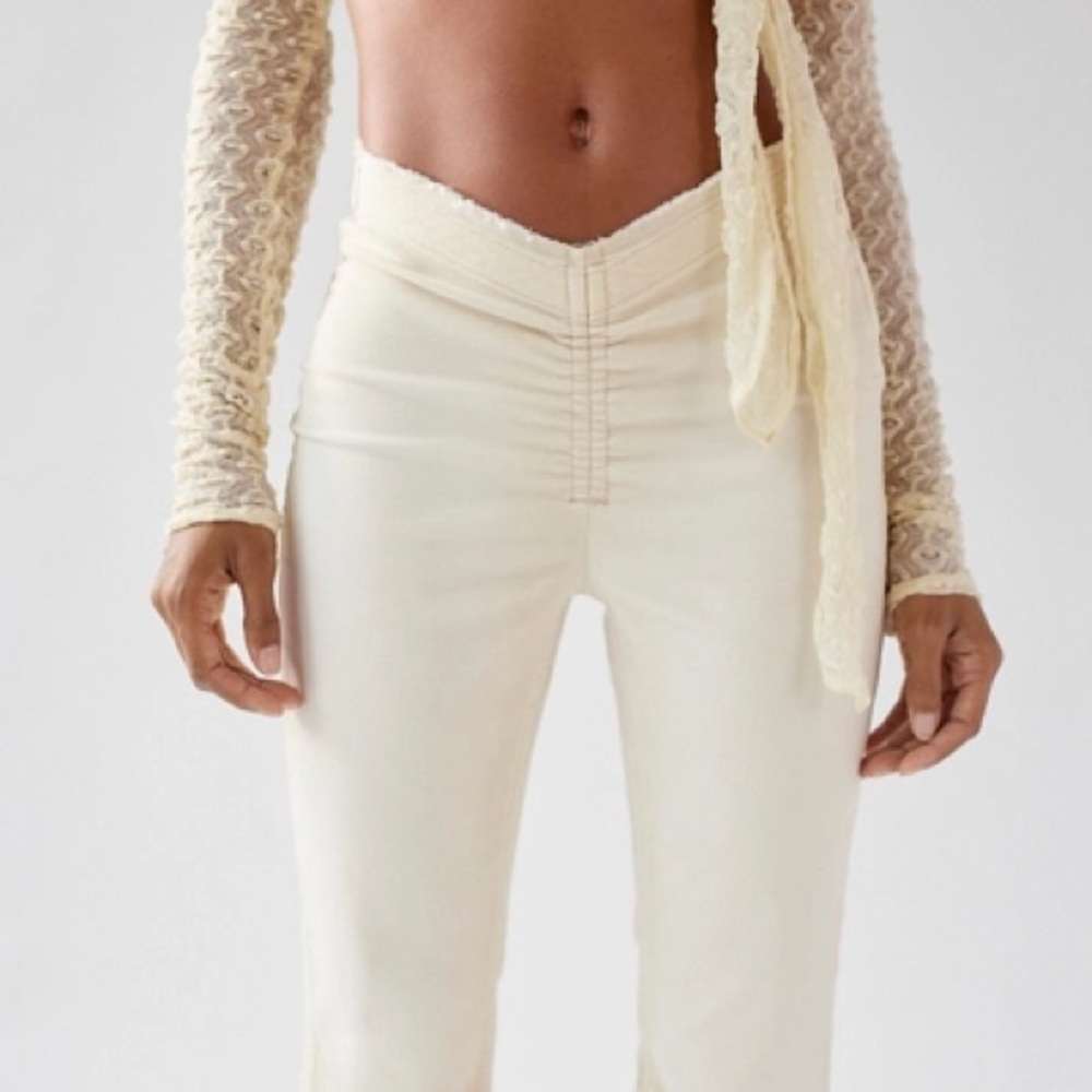 Urban Outfitters Flare Velvet V Waist Ruched Pants in Cream